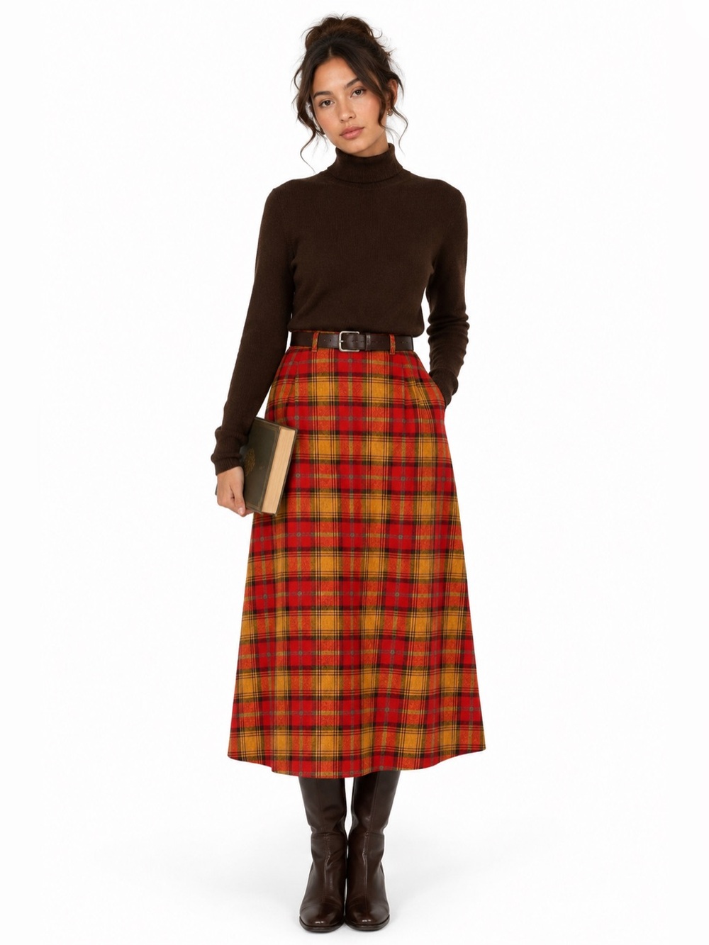 Vintage Handmade Wool Plaid Midi Maxi Skirt Red Yellow Tartan A-Line Small Retro
